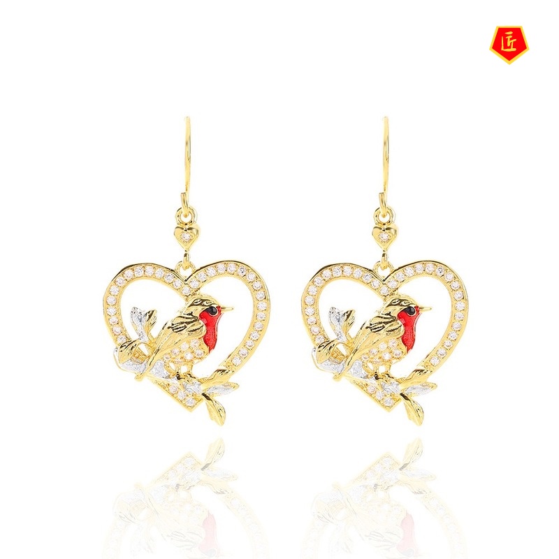 [Ready Stock]Creative Bird Heart-Shaped Diamond Earrings