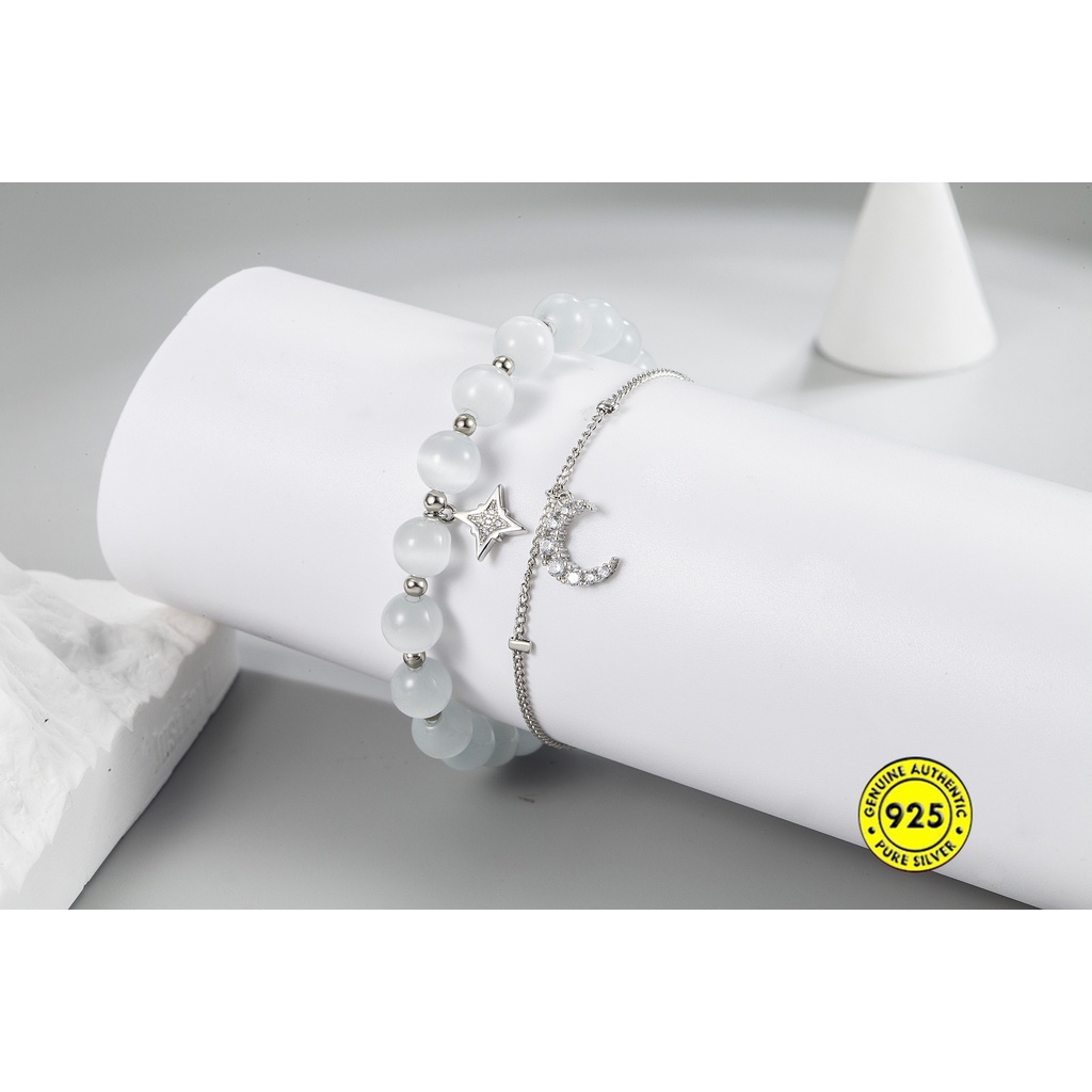 Gelang Tali Elastis Hias Manik-Manik Opal Bintang Bulan Bahan S925 Silver Stackable Untuk Perempuan