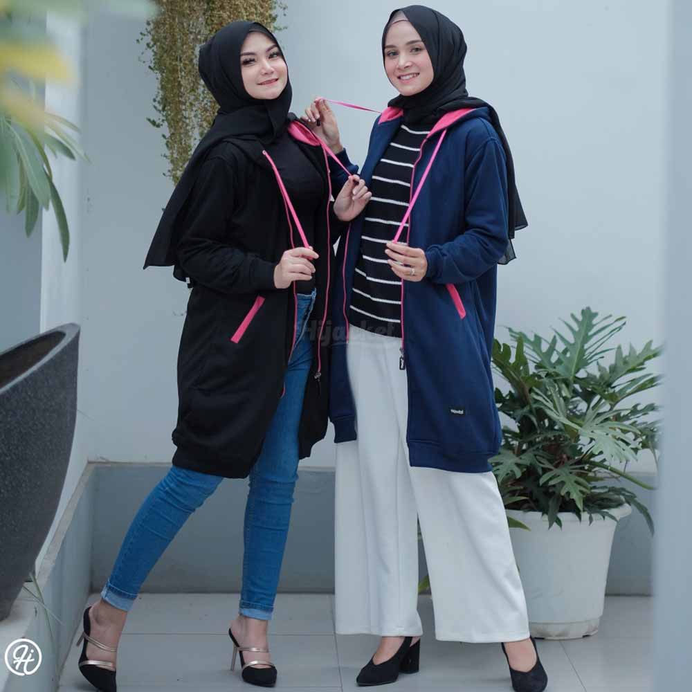 Jaket Jacket Polos Hoodie Panjang Wanita Cewek Hijabers Kekinian Hijacket Fashion Terbaru Hitam & Navy Pink-3