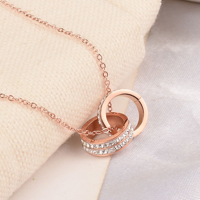 Kalung Double Ring Perak Sterling Full Berlian Rose Gold | Kalung Rosegold Kadar 18karat | Kalung Titanium Anti Karat | Kalung Titanium steel | Klavikula fashion Sederhana All-match