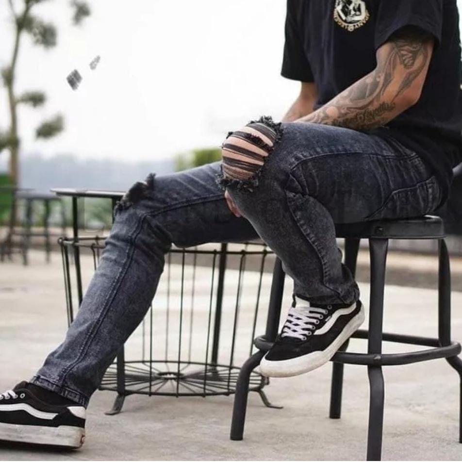 Menarik Celana Jeans Pria Sobek Ripped / Celana Levis hitam pria Strecth / Celana panjang sobek Pria