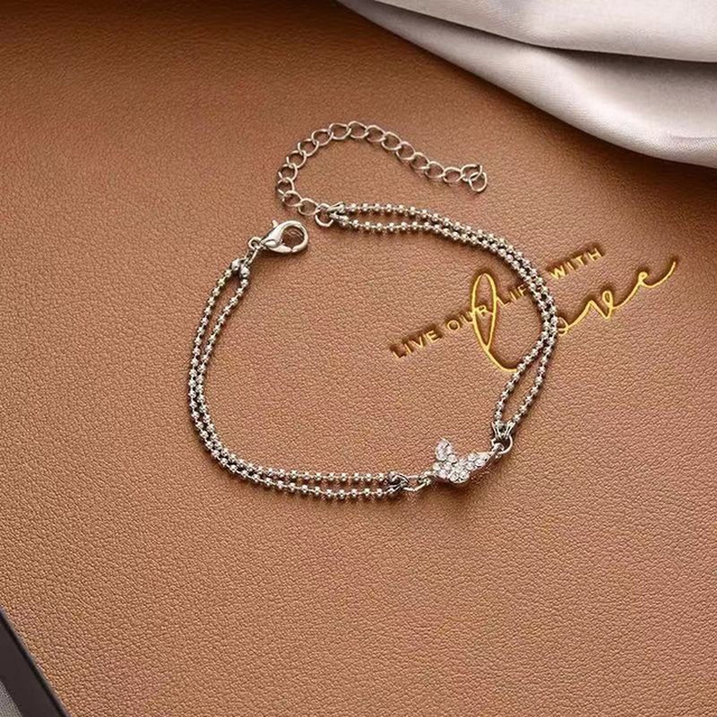 We Flower Korean Crystal Butterfly Bracelet for Women Girls Double Silver Beaded Wrist Chain Jewelry