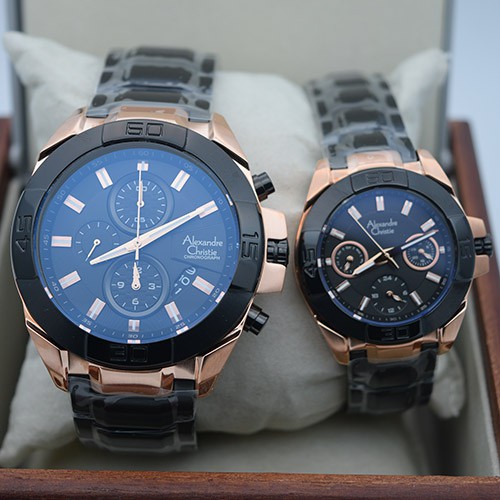 Jam Tangan Couple Alexandre Christie Ac 6224 Rose Gold Black Original