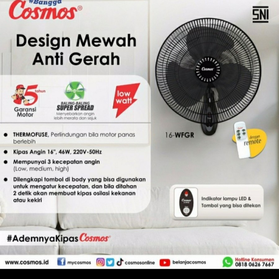 WALLFAN KIPAS ANGIN DINDING COSMOS 16 WFGR REMOT WALL FAN COSMOS 16 INCH 16&quot; + REMOT CONTROL