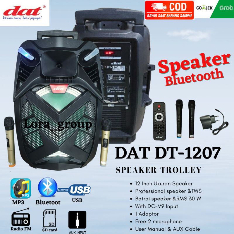 Speaker DAT 12 inch DAT DT 1207 Portable Gratis 2 Microphone Wireless Speaker Extra Power Bass Karaoke