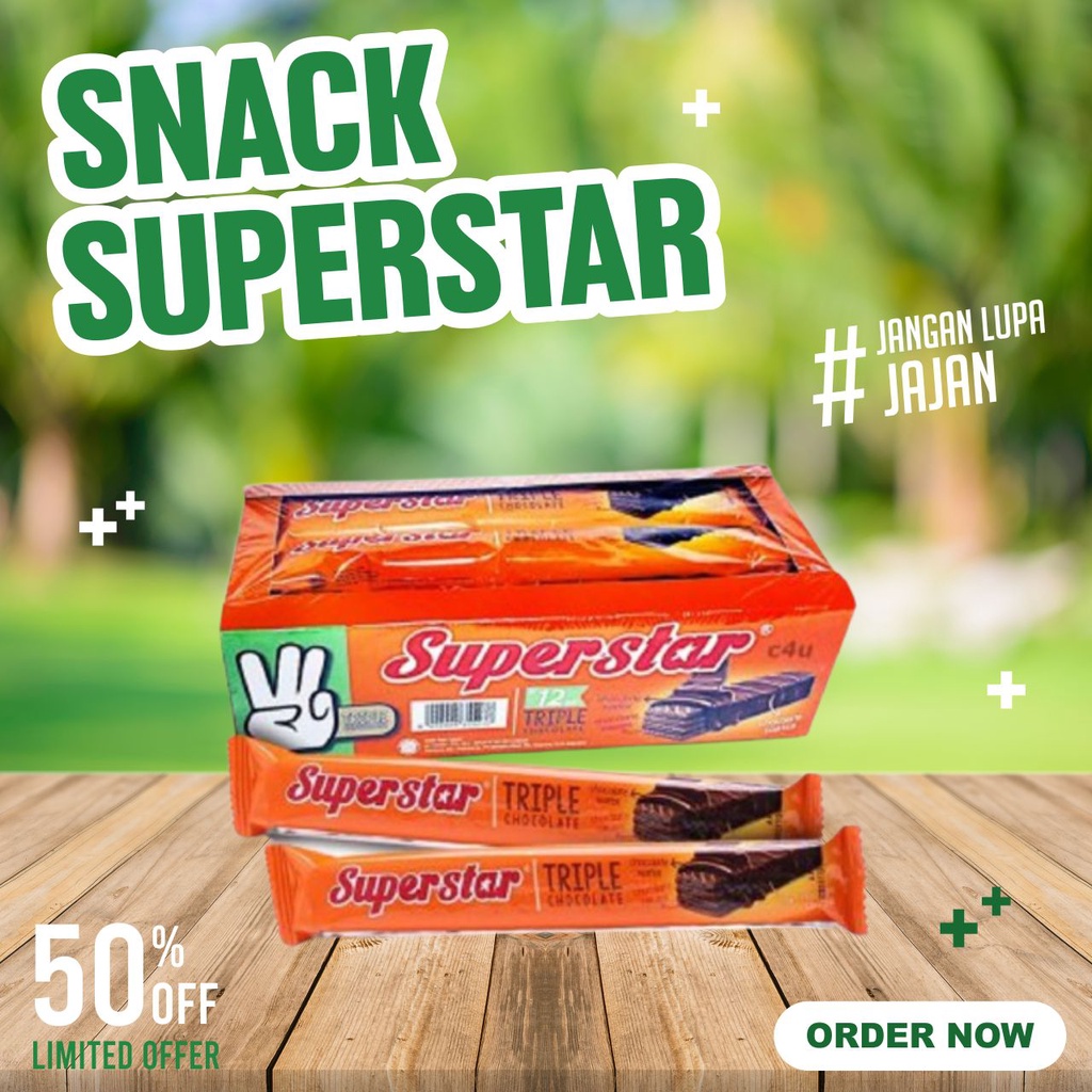 

SUPERSTAR WAFER TRIPLE CHOCOLATE SNACK MAKANAN RINGAN BISKUIT KRIM COKLAT (1 BOX ISI 12 PCS)