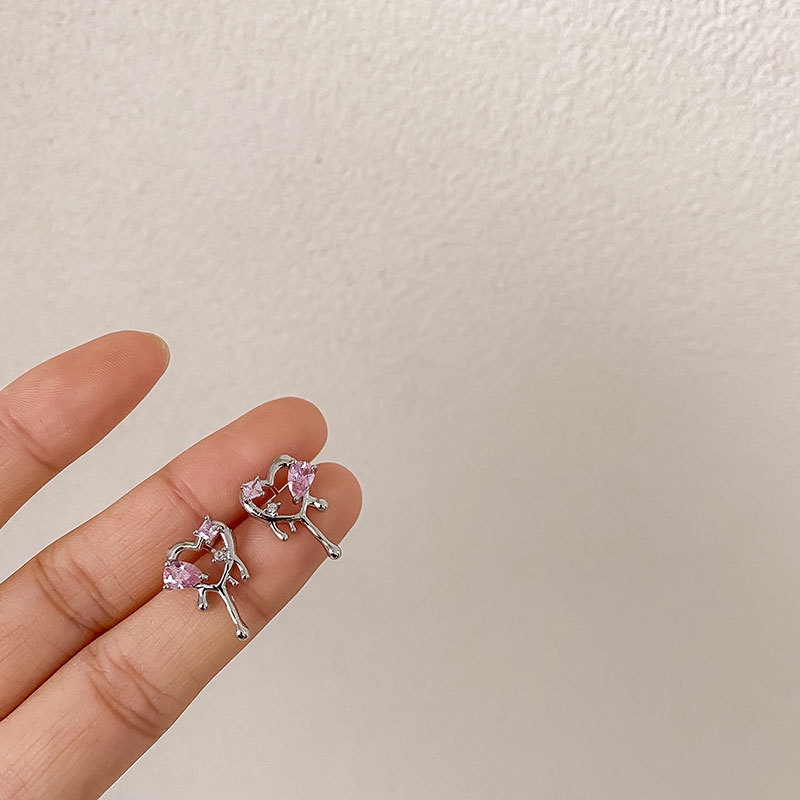 Anting Bentuk Hati Bahan Zirkon Warna Pink Untuk Aksesoris