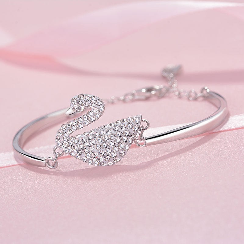 COD Gelang Bracelets Fashion Swan Cuff Bracelet with Zircon Women Animal Bird Jewelry