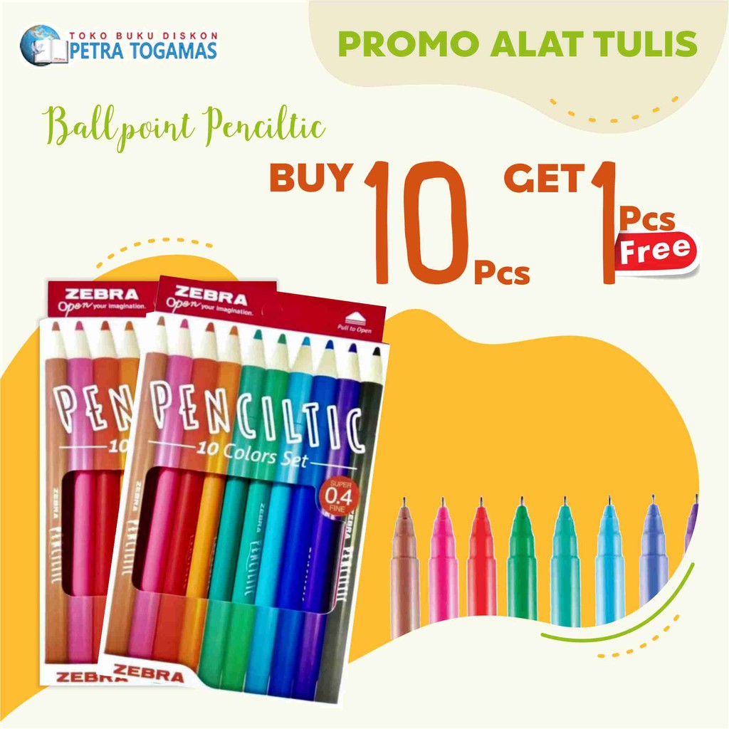 

BALLPOINT/BULPEN/PULPEN/BOLPOIN ZEBRA PENCILTIC SET (10 COLORS) + FREE 1 PCS