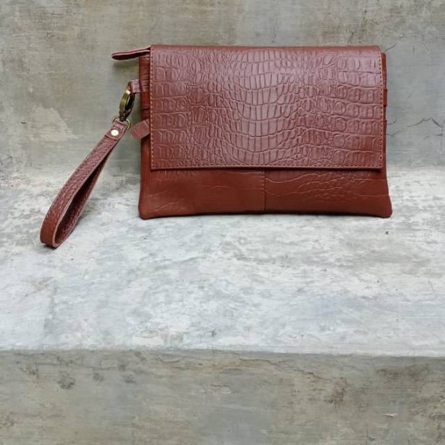 Tas tangan pria wanita motif kulit buaya asli kulit cokelat hand bag clutch unisex