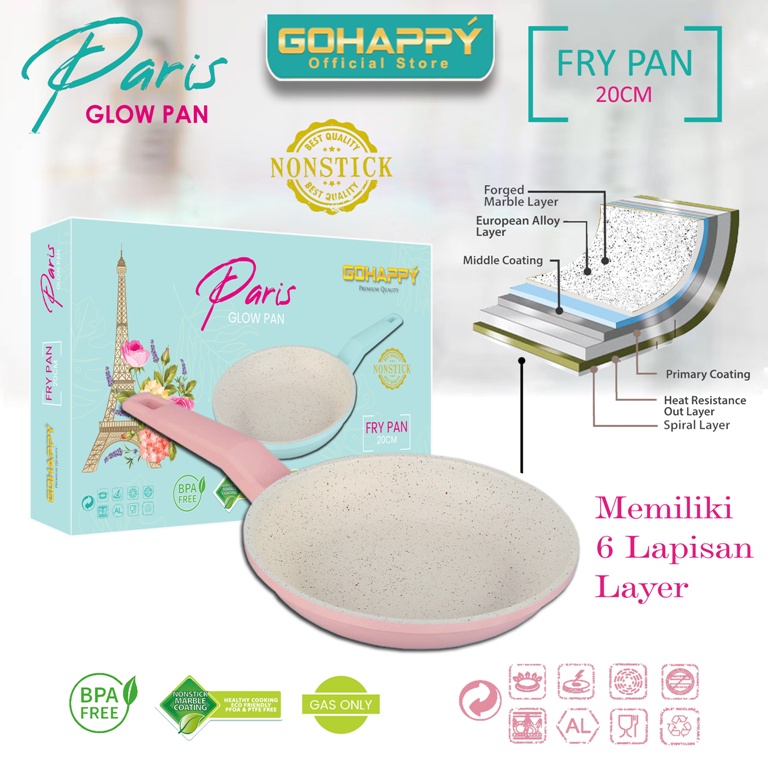 GOHAPPY Panci Fry Pan 20 cm lapisan ceramic marble glowpan GHP05 PINK FRYING PAN Penggorengan Stainless bottom