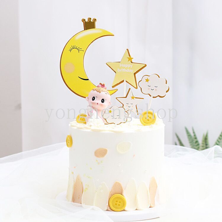 5pcs / set Topper Kue Bentuk Mahkota Bulan Bintang Awan Happy Birthday Untuk Dekorasi Baby Shower