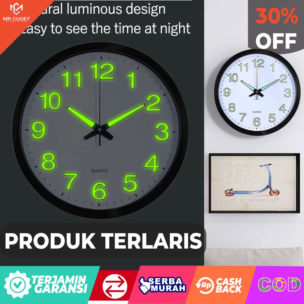 Jual [COD] Senyap Jam Dinding Nyala dalam gelap Bulat Quartz Detik