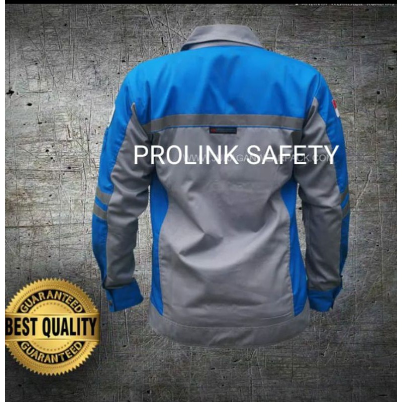 BAJU SERAGAM SAFETY SEMI JAKET BIRU ABU FREE LOGO K3 BENDERA