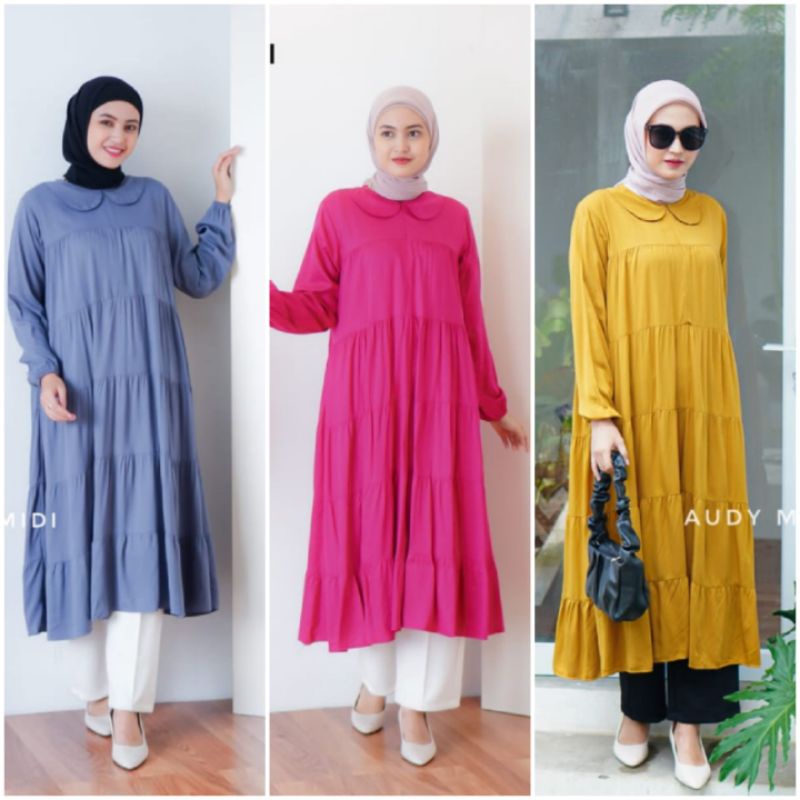 BISA COD AUDY POLOS LONG TUNIK MIDI DRESS BABYDOLL UMPAK RUFFLE REMPEL COLLAR KERAH NONI BULAT BUSUI