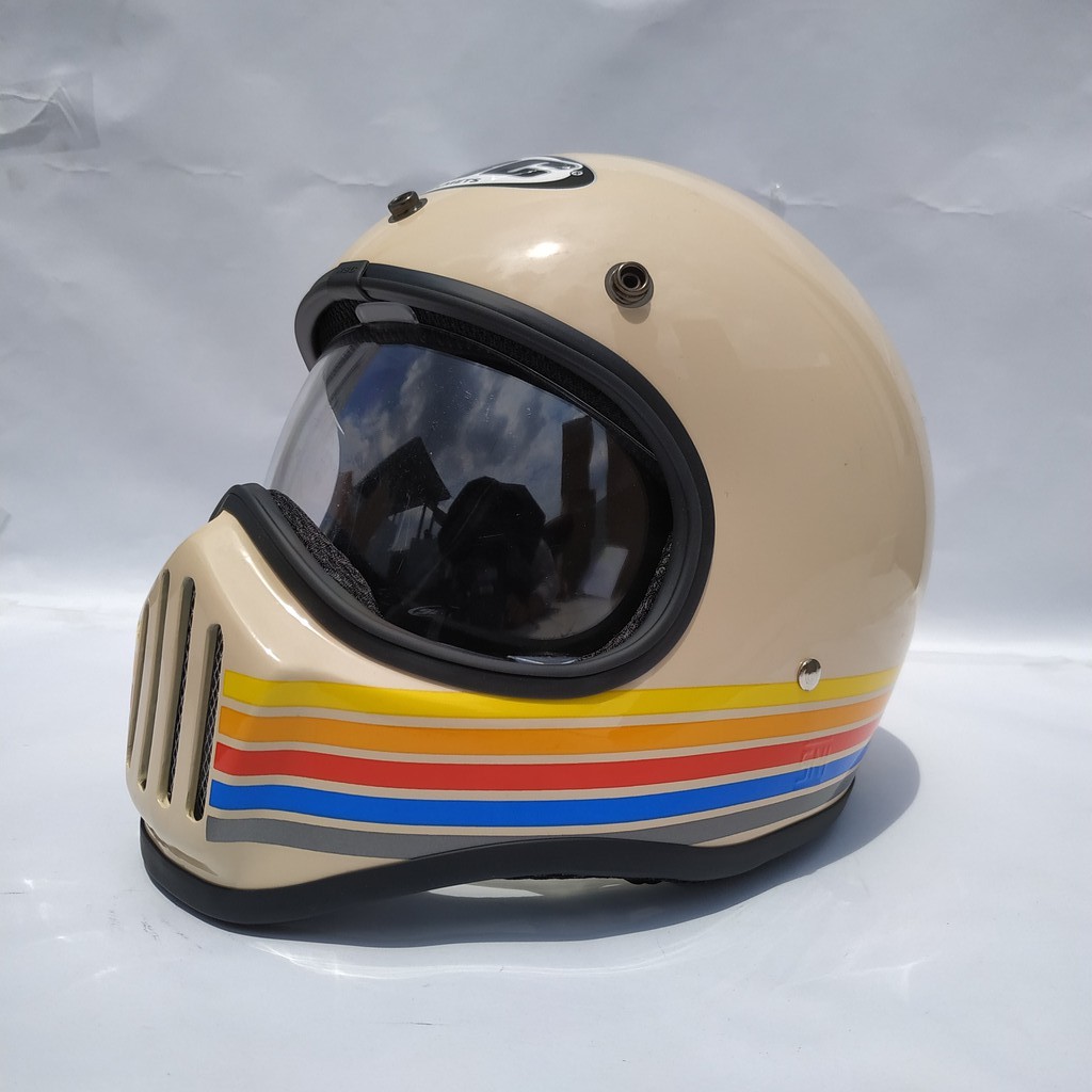 Helm Cakil HBC Stripe Cream Glossy + Inner Visor ( Fullface / Retro / Klasik / Vespa )