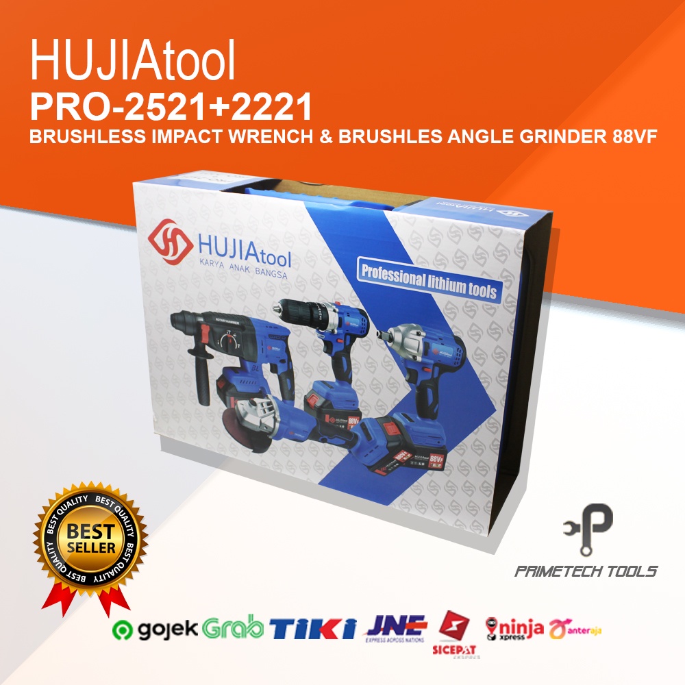 HUJIA TOOL BRUSHLESS IMPACT WRENCH & GURINDA BATERAI PRO 2521+2221