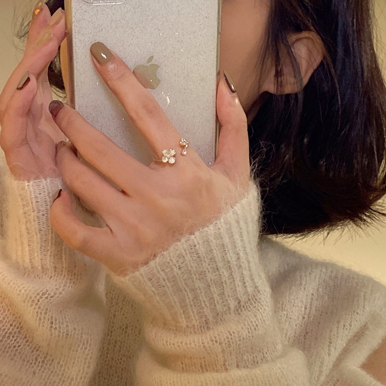Cincin Model Terbuka Adjustable Desain Bunga Aksen Mutiara Bahan Zircon Gaya Korea Untuk Wanita