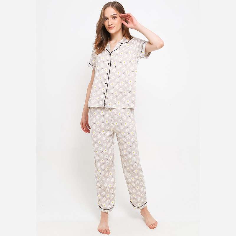 Anne Wintours Pyjama Pijama Satin Silk Short Sleeve Long Pants Sleepwear Wanita