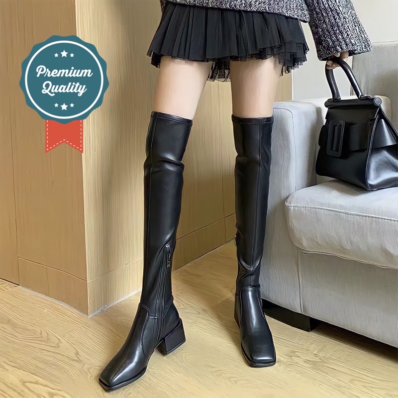 High knee boots leather Jolie kulit sepatu overknee panjang tinggi import fashion