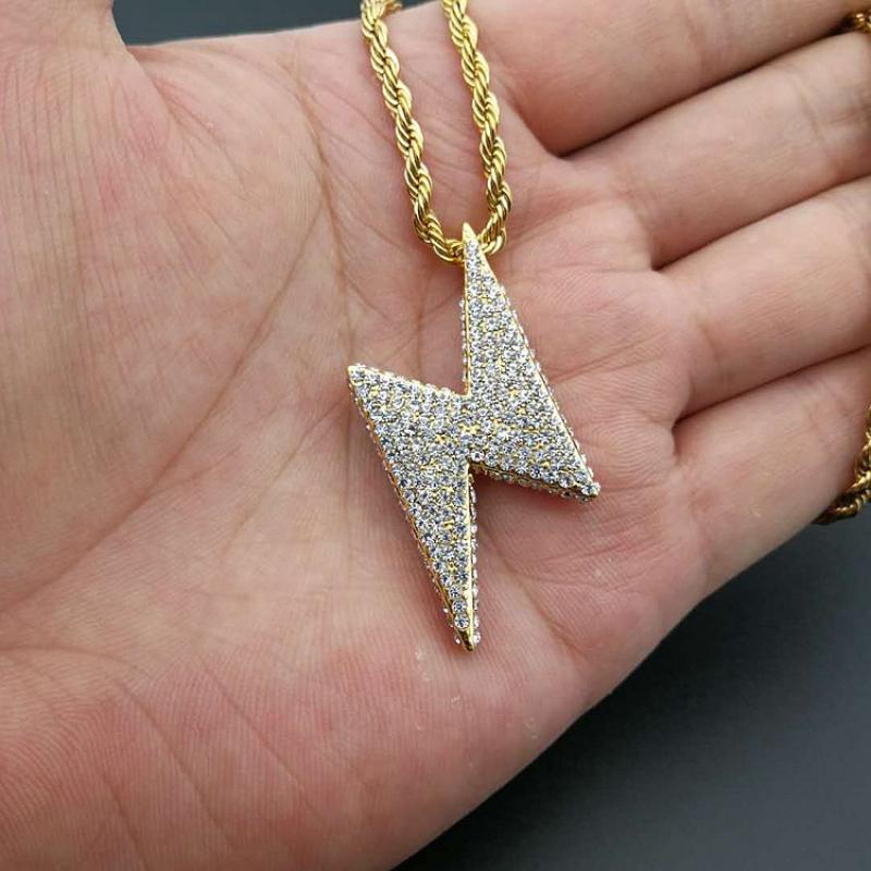 Kalung Liontin Petir Aksen Zircon Gaya Hip Hop Untuk Pria Dan Wanita