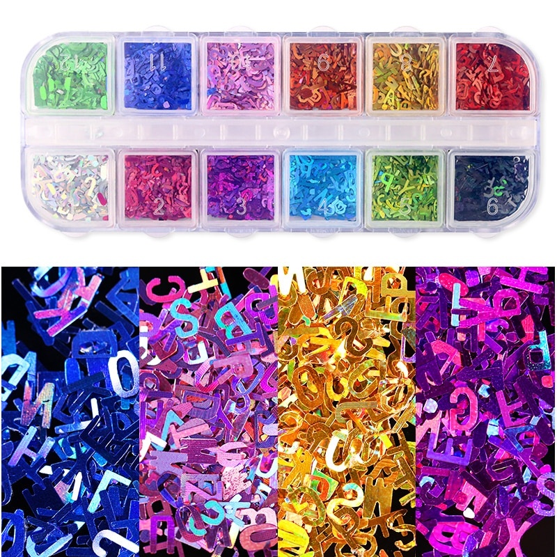 12 Colors Letter Holographics Nail Glitter Sequins Sparkly 3D Thin Butterfly Flakes Decorations for Nail Art Accessories