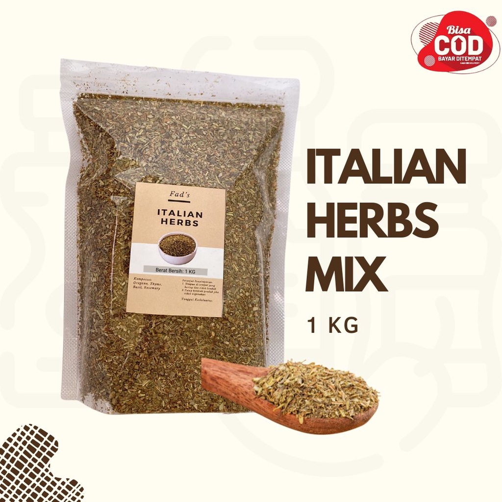 Fad's Italian Herbs 1 kg - Daun Basil Kering 1kg Daun Oregano Kering 1kg Daun Parsley Kering 1kg Daun Peterseli Kering 1kg Daun Rosemary Kering 1kg Daun Thyme Kering 1kg Italian Spices 1kg Italian Seasoning 1kg