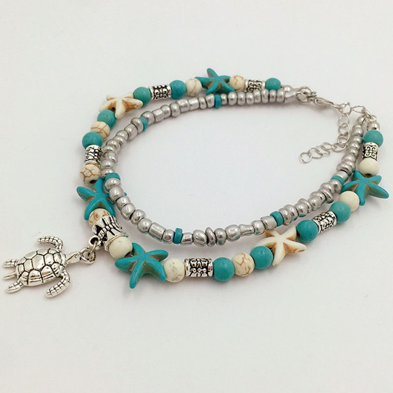 Eropa dan Amerika bead Anklet Ocean style bintang laut pirus turtle liontin double-layer beach Ankle