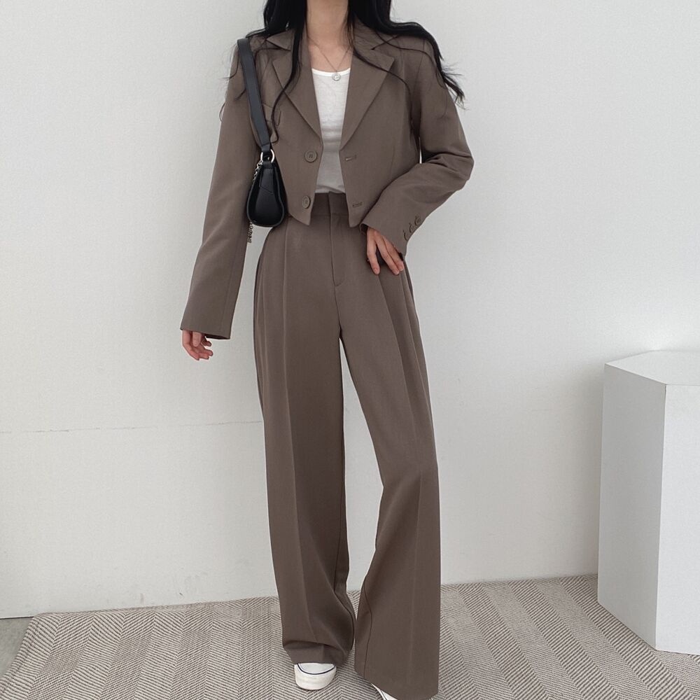 XIAOZHAINV Korean Style Blazer Crop Top+High Waist Straight Casual Suit Pants