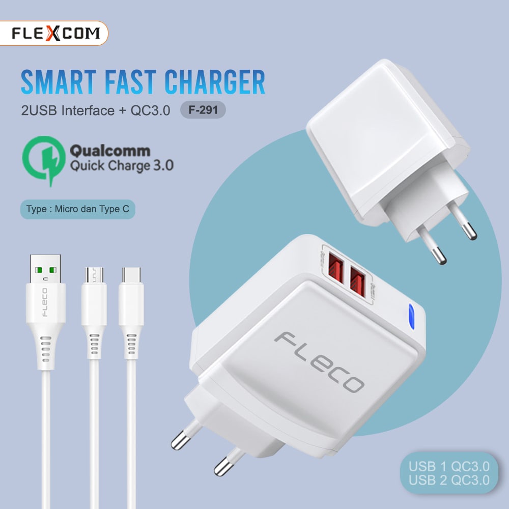 Charger Fast Charging Dual Port Quick Charge Adaptor 3.0 Max 28w F-291 FLECO