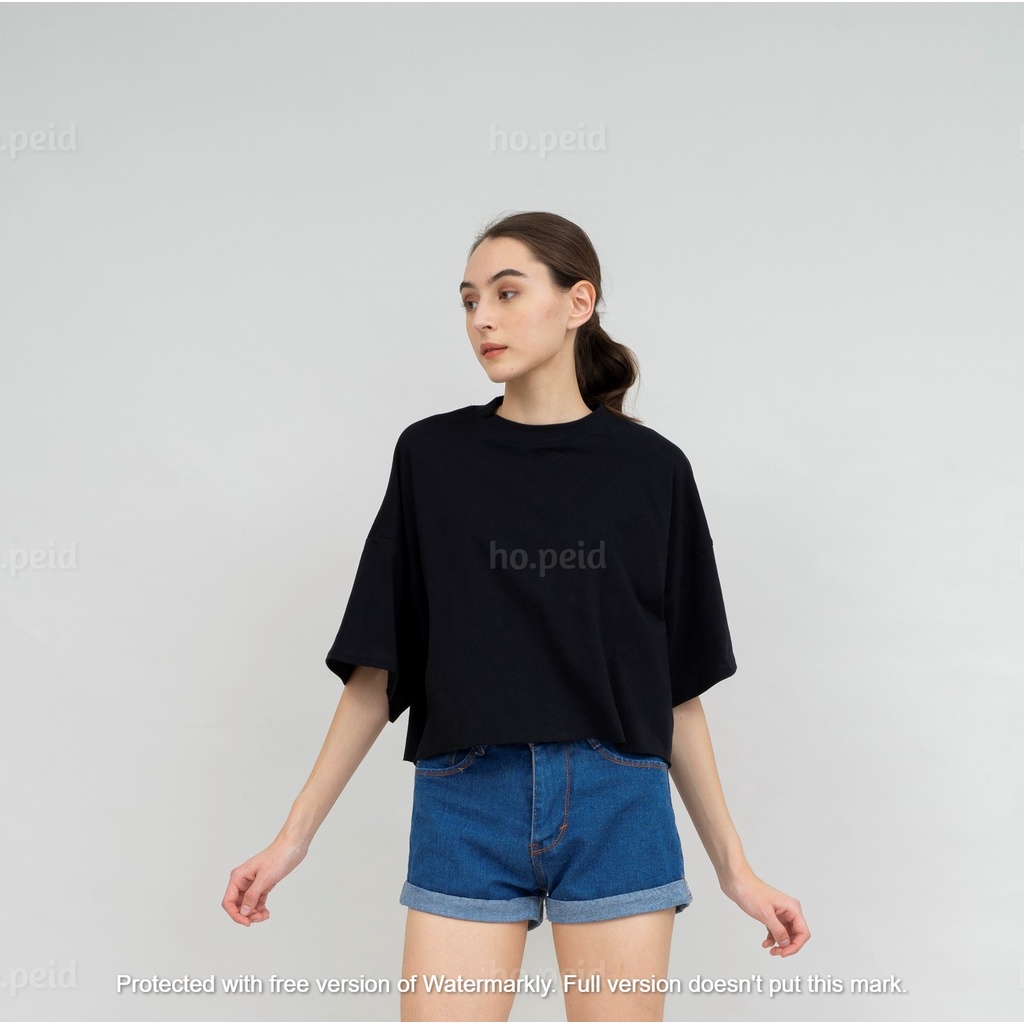 OVERSIZED CROP TEE  UNFINISHED COMBED PREMIUM 30S CROP TOP BASIC (BLACK) SHIRT