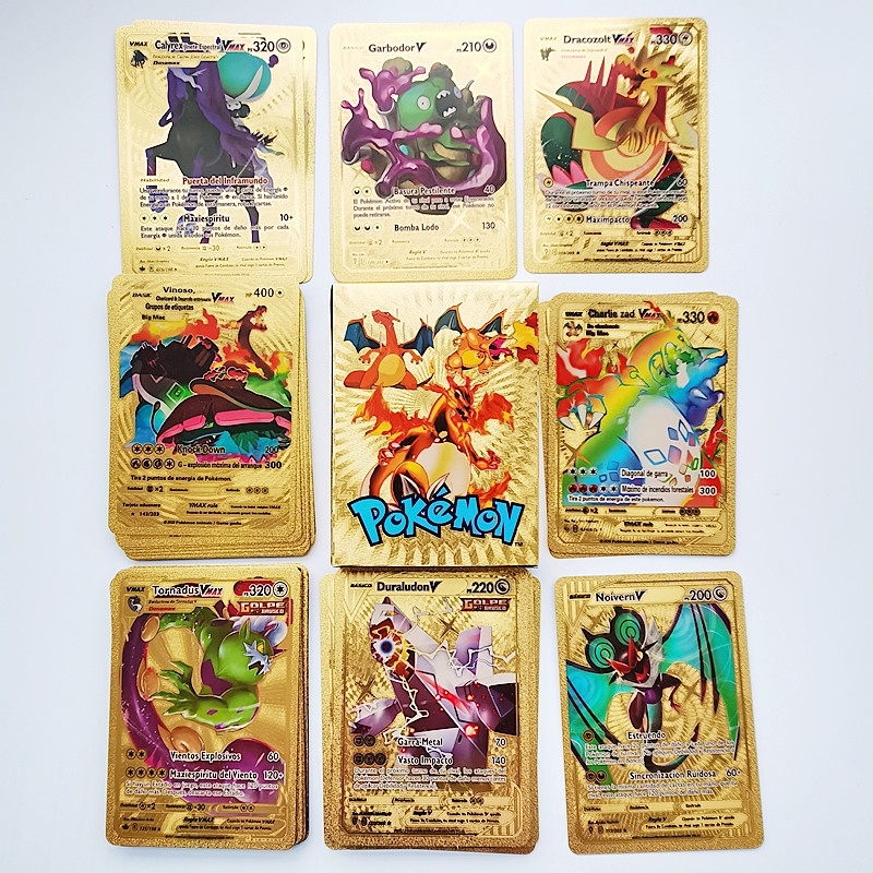 54pcs / 27Pcs Kartu Pokemon Versi Bahasa Inggris Bahan Metal Warna Emas / Silver Untuk Koleksi