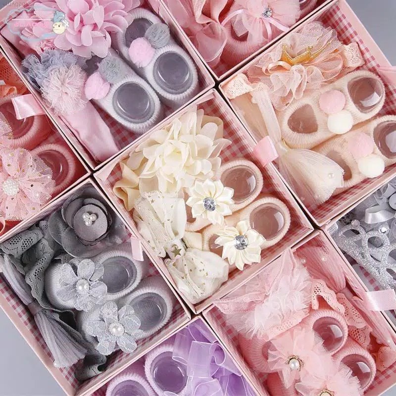 (pimenova) headband set socks + include box for gift / headband set untuk hadiah / set newborn