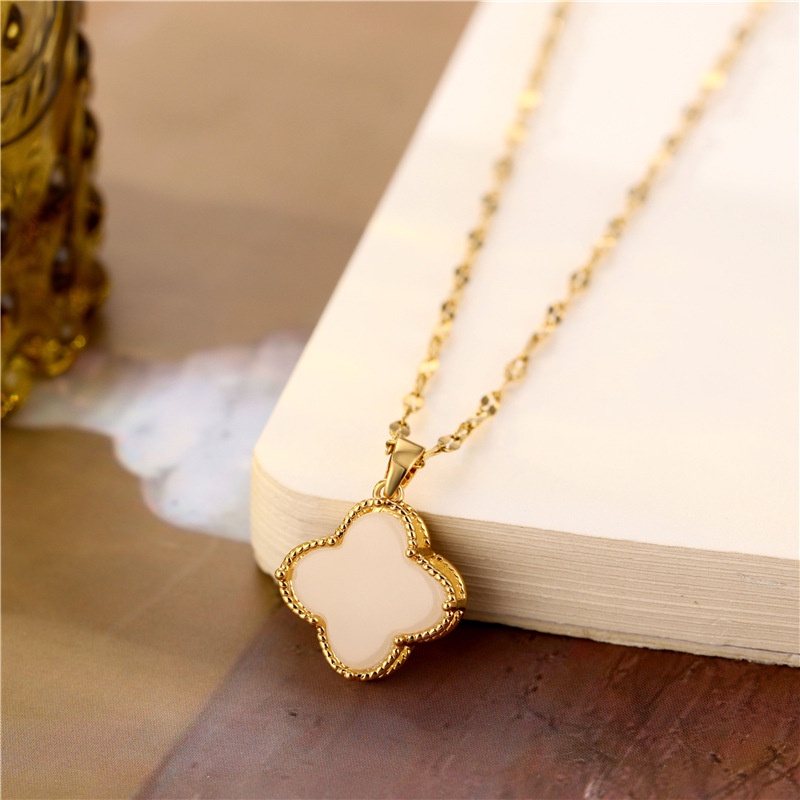 Korea fashion style kuno emas Perancis Opal clover kalung beruntung putih chalcedony empat daun sema