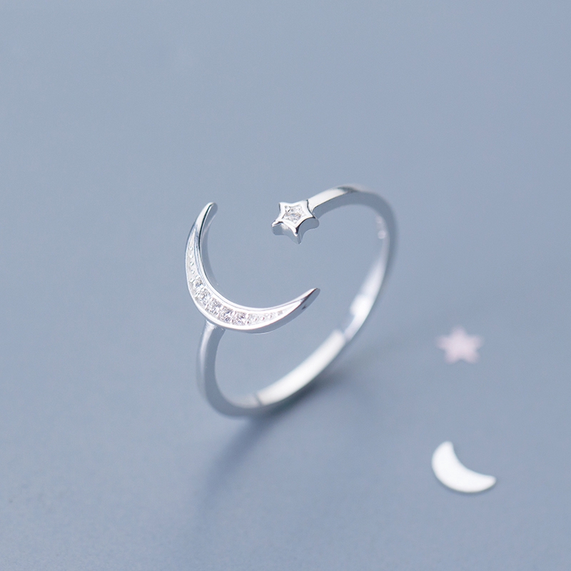 Cincin Adjustable Bentuk Bintang Dan Bulan Warna Silver Untuk Wanita