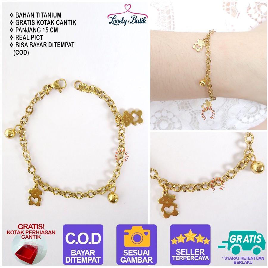 Lovelybutik Gelang Anak Titanium Anti Karat  Aksesoris Wanita Fashion Bear Kecil Bonus Kotak