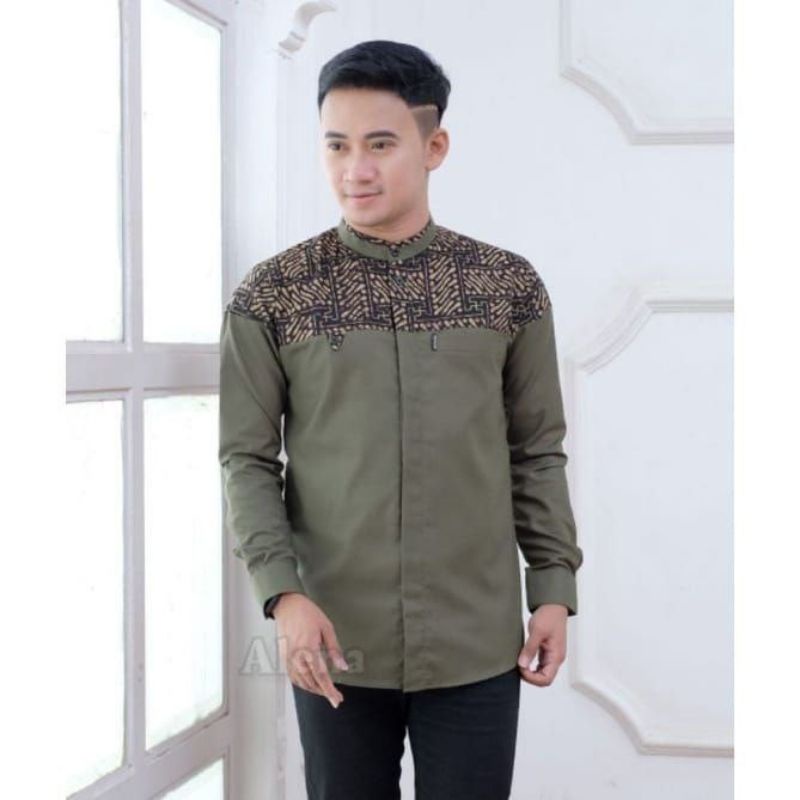 KEMKO FARHAN KEMEJA KOKO KOMBINASI BATIK LENGAN PANJANG HIJAU ARMY PUTIH JUMBO XXL MURAH toyobo COKS