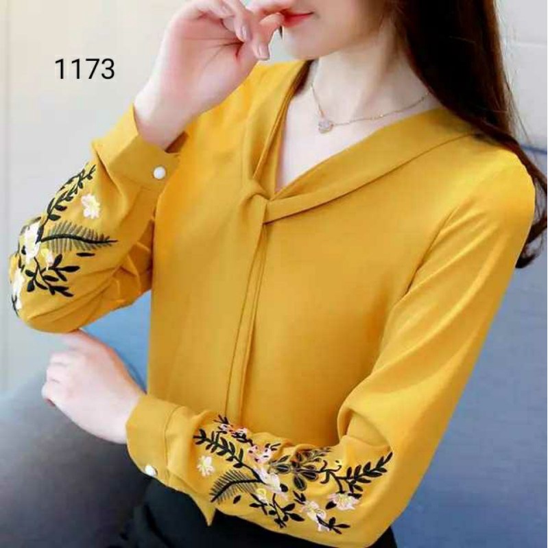 COD 1173 BLUS BORDIR BUNGA LENGAN PANJANG CANTIK FASHION WANITA GAYA KOREA