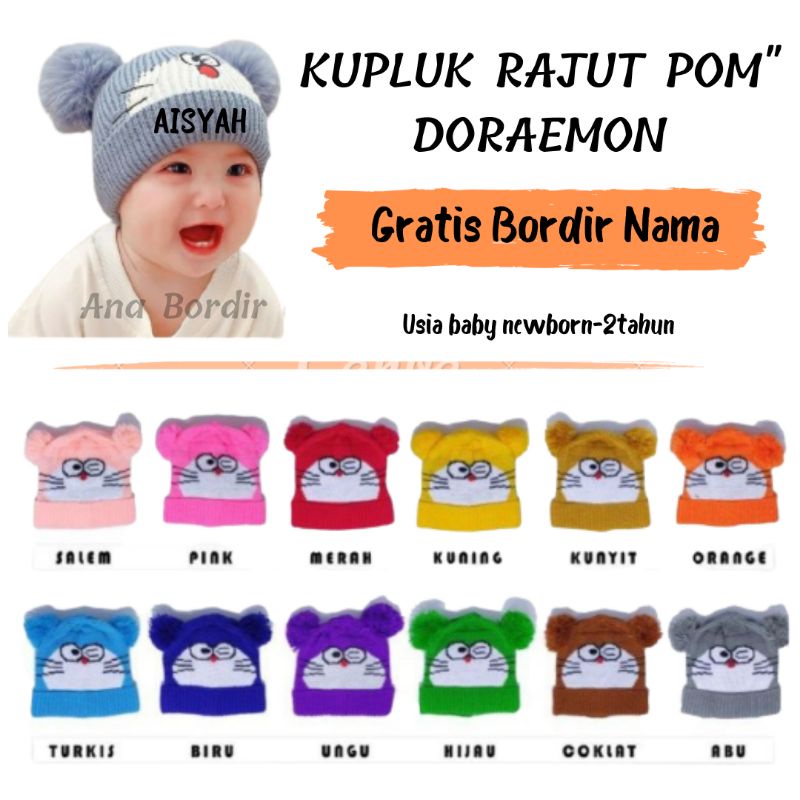 TOPI KUPLUK RAJUT BABY GRATIS BORDIR NAMA | KUPLUK BAYI KARAKTER DORAEMON | KUPLUK RAJUT USIA 3BLN-1