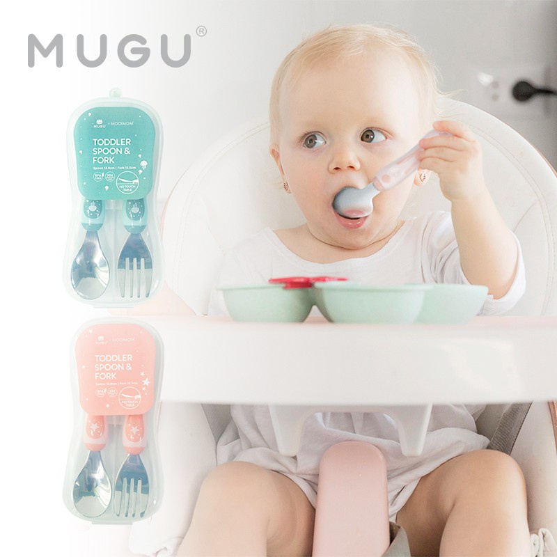 MUGU X MOOIMOM TODDLER SPOON &amp; FORK  WITH CASE / SENDOK GARPU ANAK