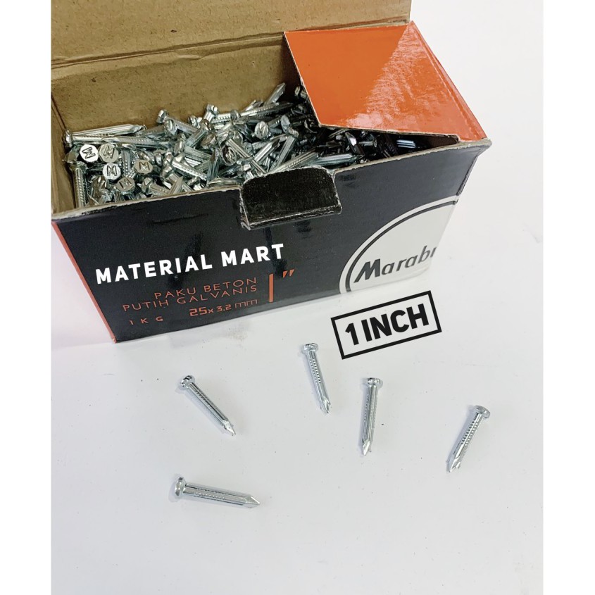 Paku Beton Marabu 1 Inch | Paku Beton Putih Galvanis 1&quot; | Paku 2,5 CM | Material Mart