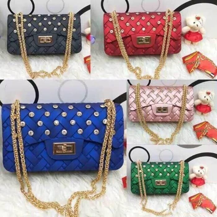 READY JAKARTA Tas Jelly Matte Anyam Diamond Mini Uk 18 cm ( gratis syal & boneka )