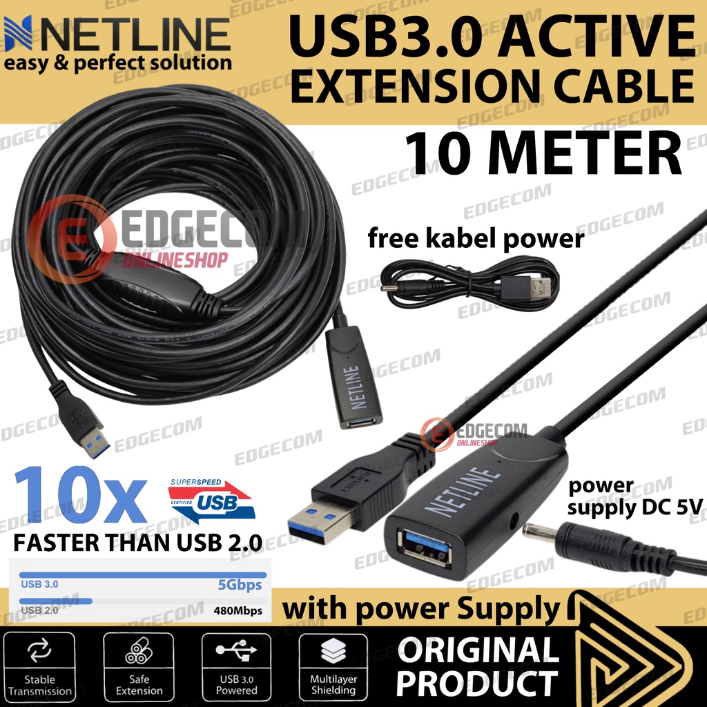 NETLINE Kabel USB 3.0 Extension Aktif / Extender Active 10 Meter With USB Power