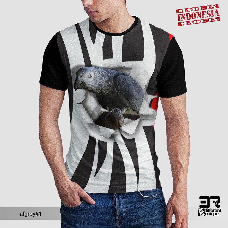 Kaos Print African Grey Parrot Hitam Putih