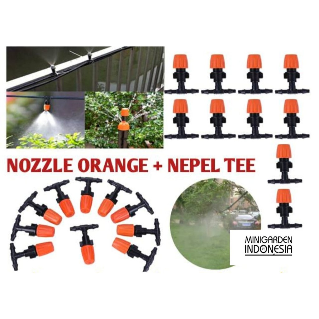 FOGGER SPRAYER KABUT ORANGE  + NEPEL TEE NOZZLE 7MMM fitting 1 way head mist sprinkler siram taman