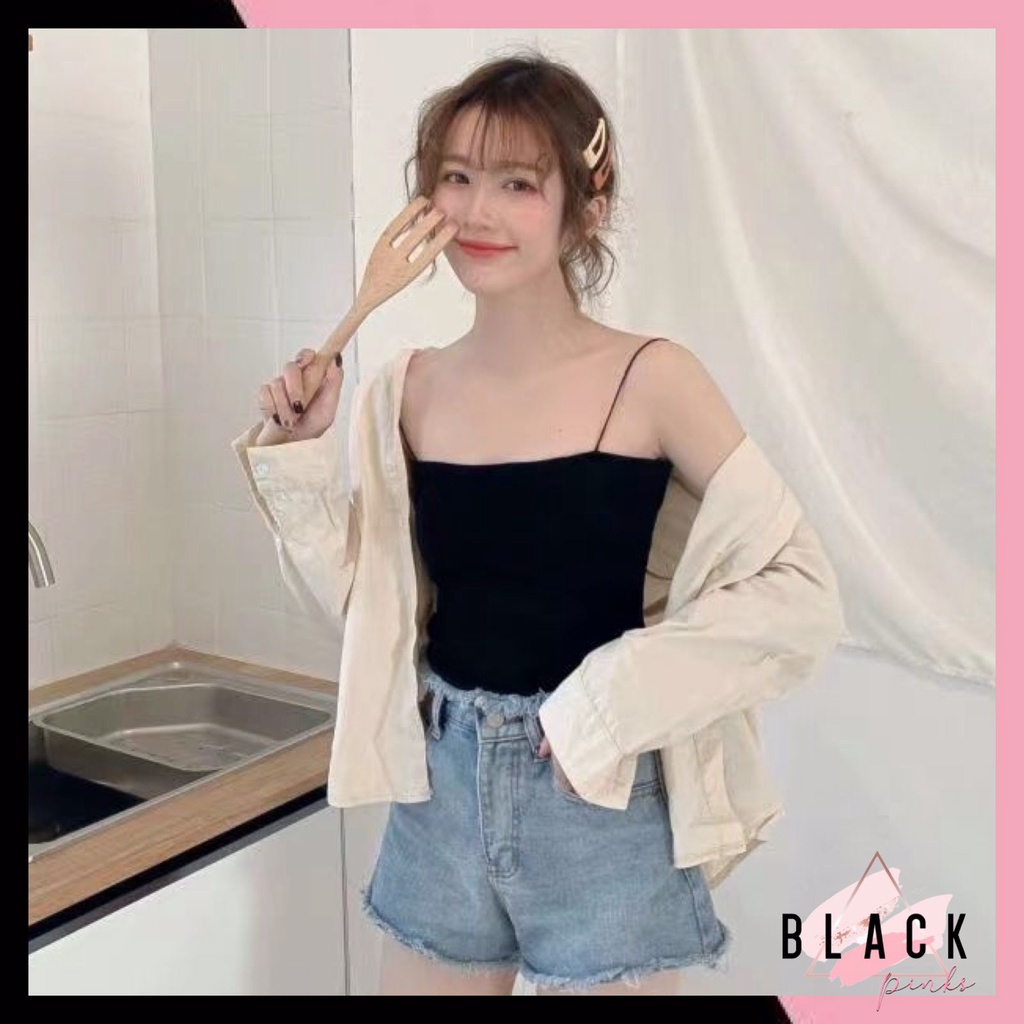 BlackPink Tanktop Bra Spaghetti Pakaian Dalam Wanita Kamisol Bra With Cup Import 1085