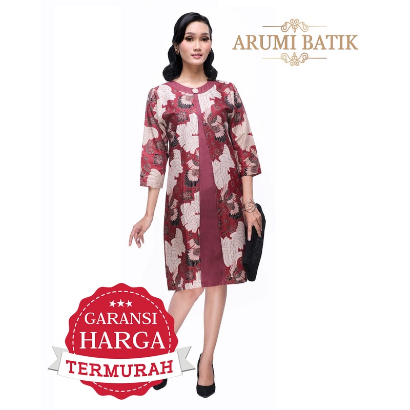 Dress Batik Wanita Tunik Baju Seragam Formal Kerja 2986 Merah Maroon