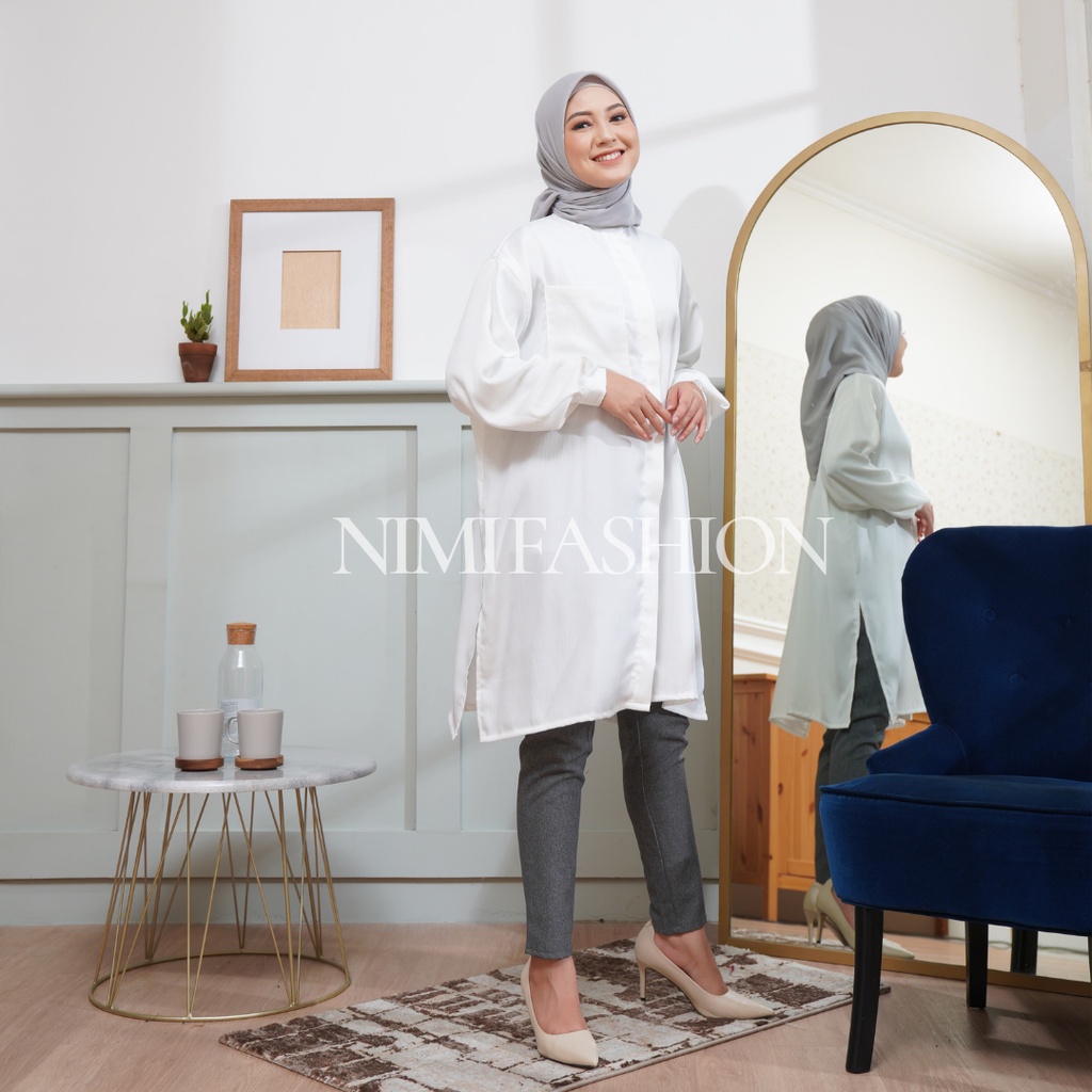 NIMI Atasan Tunik Kanaya Long Tunik Oversize Kemeja Panjang Polos Wanita Kancing Tutup Lady Zara Busui Friendly