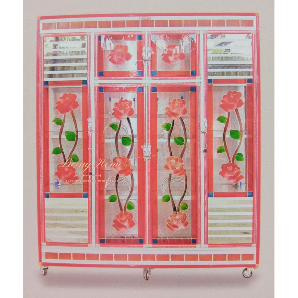 Lemari Dapur Aluminum Kaca 4 Pintu Rata Rak Piring Gelas Super Jumbo + Roda