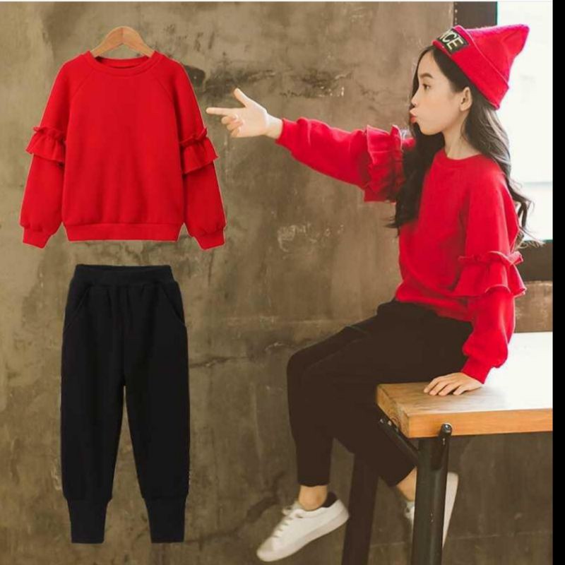 Setelan Anak Perempuan 1-7 Tahun Import Premium Baju Kaos Lengan Panjang Merah
